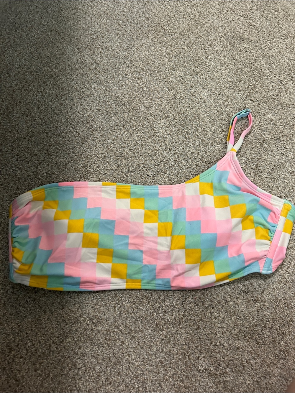 Women’s One-Shoulder Swim Top in Pastel Checker Print